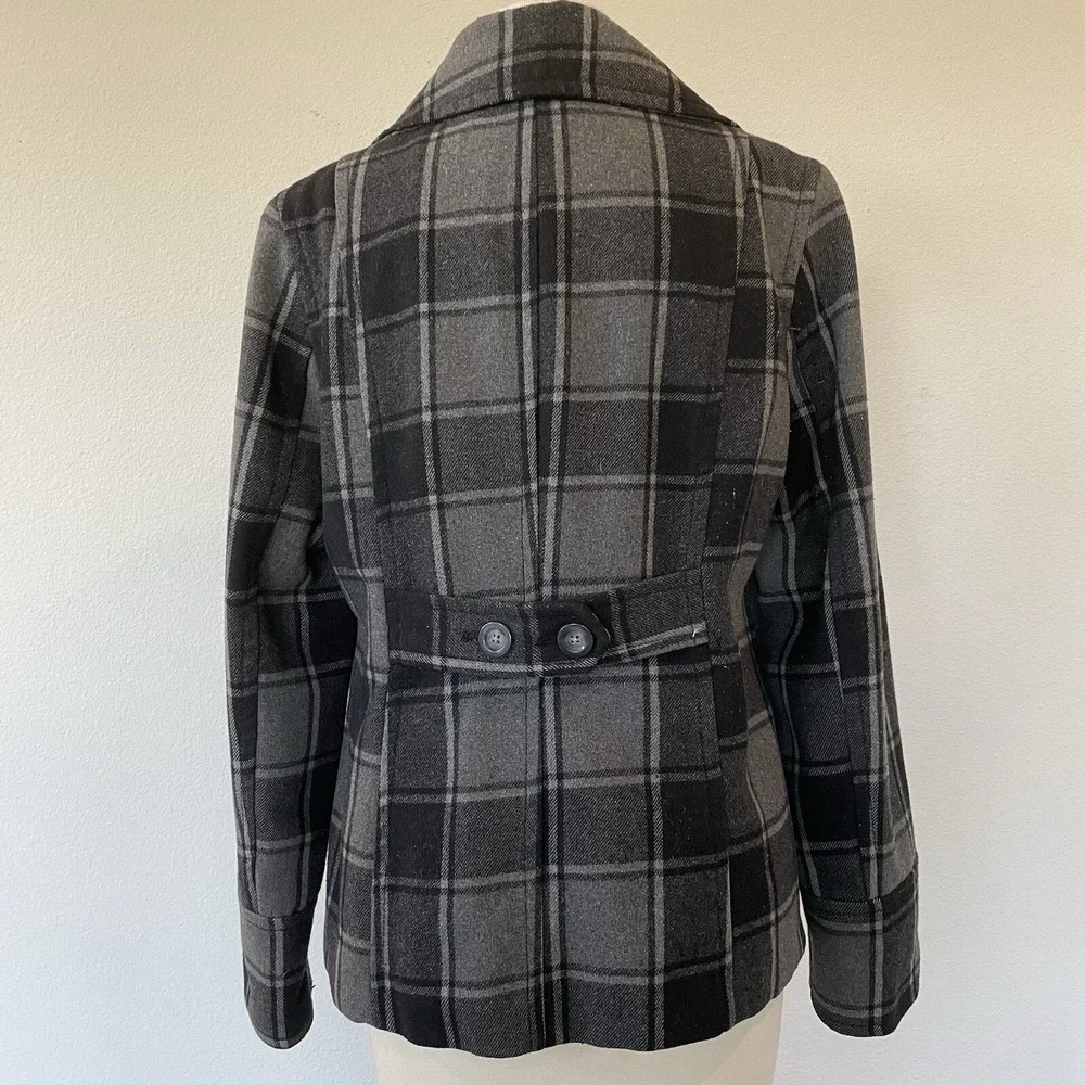 OLD NAVY Women's Gray Black Plaid Double Breasted Peacoat Jacket Medium Wool Bld